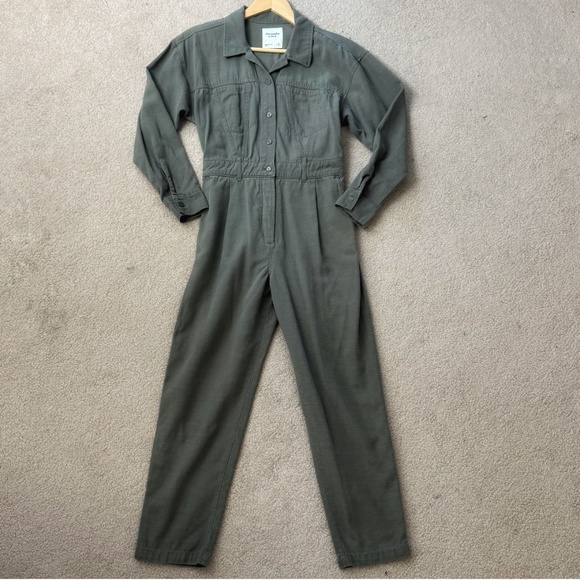 Abercrombie & Fitch Petite Utility Jumpsuit Military Green Cotton Long Sleeve - Picture 14 of 16